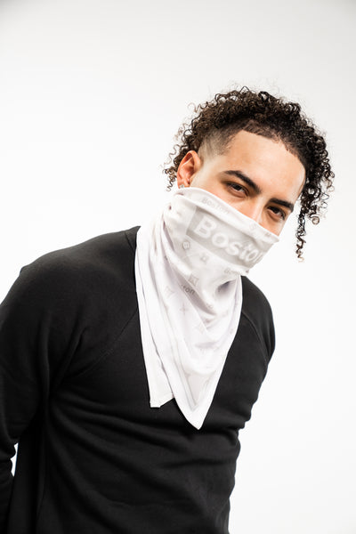 Boston Gray Box Logo Stretch White Bandana - THE LABEL LTD